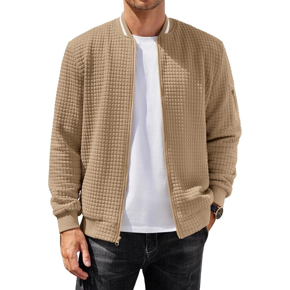 Men's Sweatshirt Bomber Jacket Khaki Casual Zip Up Waffle Knit Lightweight
